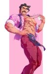  1boy abs artist_name bara beard black_hair card collared_shirt evinist facial_hair feet_out_of_frame hand_on_own_hip highres large_pectorals loincloth male_focus mature_male muscular muscular_male nipples pants pectorals pokemon pokemon_(game) pokemon_sv saguaro_(pokemon) shirt simple_background solo thick_eyebrows thick_thighs thighs 