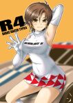  1girl armpits breasts brown_eyes brown_hair car dress earrings elbow_gloves gloves highres jewelry looking_at_viewer motor_vehicle nagase_reiko ridge_racer short_dress short_hair sleeveless smile solo tanbe white_gloves 