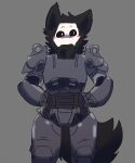  4_fingers anthro armor bethesda_softworks black_body black_fur black_sclera blush canid canine canis changed_(video_game) fallout fingers fur goo_creature grey_background hi_res machine male mammal mask power_armor puro_(changed) simple_background snuffy_(artist) solo white_eyes white_mask wolf 