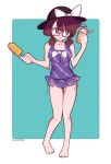  1girl barefoot bow bowtie brown_eyes brown_hair eosd2002 food frilled_one-piece_swimsuit frills full_body glasses hat highres light_blue_background looking_to_the_side low_twintails one-piece_swimsuit plaid plaid_swimsuit popsicle purple_one-piece_swimsuit shaved_ice short_hair short_twintails swimsuit touhou twintails usami_sumireko 