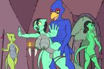  anthro avian bird blue_body blue_eyes bodily_fluids bouncing_breasts breasts cum cum_inside duo falco_lombardi female fours_(artist) from_behind_position genital_fluids girly green_body green_eyes green_skin hi_res lizard looking_pleasured male male/female melee_weapon nintendo nudist polearm reptile scalie sex sharpclaw_(star_fox) spear star_fox sweat weapon 