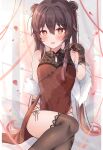  1girl alternate_costume black_gloves black_thighhighs blush brown_hair chinese_clothes dress genshin_impact gloves highres hu_tao_(genshin_impact) lace lace_gloves long_hair red_dress red_eyes rim_(ririm711) side_slit solo symbol-shaped_pupils thighhighs twintails 