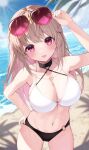  1girl adjusting_eyewear arm_up ayaginu_temari bare_shoulders beach bikini blush breasts brown_hair cleavage commentary_request commission cowboy_shot day eyewear_on_head hand_on_own_hip highres isekai_tensei_shite_v_ni_narimashita large_breasts long_hair looking_at_viewer mole mole_under_eye multi-strapped_bikini navel ocean outdoors purple-tinted_eyewear second-party_source skeb_commission solo standing stomach sun sunglasses swimsuit tinted_eyewear tongue tongue_out tyabesu virtual_youtuber 