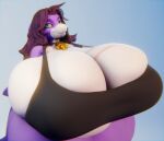  3d_(artwork) anthro big_breasts breasts chunkerbuns cleavage cleavage_overflow clothed clothing cowbell digital_media_(artwork) female fish green_eyes hair hi_res huge_breasts hyper hyper_breasts marine purple_body purple_hair purple_skin scar shark solo tight_clothing topwear wide_hips zachary_(starthemadman) 