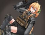  1girl absurdres blonde_hair blue_eyes braid commentary english_commentary gloves gun headgear highres indie_virtual_youtuber jacket knee_pads long_hair magazine_(weapon) mole mole_under_eye msa_major rifle shorts smile solo tactical_clothes weapon whiskey_project 