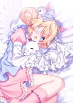  1girl :d animal apron bed_sheet bell blonde_hair blue_apron blue_bow blue_eyes blush bow cat commission cutesu_(cutesuu) double_bun dress eyepatch feathered_wings feet_out_of_frame frilled_bow frills hair_bell hair_between_eyes hair_bow hair_bun hair_ornament highres jingle_bell layered_sleeves long_sleeves looking_at_viewer lying medical_eyepatch on_side original pink_dress pink_socks pixiv_commission puffy_short_sleeves puffy_sleeves ribbon-trimmed_dress sacraneco short_over_long_sleeves short_sleeves sleeves_past_fingers sleeves_past_wrists smile socks solo striped striped_bow white_background white_bow white_cat white_wings wings 