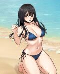  1girl absurdres barefoot beach beautiful_gunbari bikini black_hair blue_bikini blurry blurry_background breasts brown_eyes chilong_(heronas) clenched_hand highres im-dana kneeling medium_breasts mole mole_under_eye navel open_mouth sand side-tie_bikini_bottom solo swimsuit wet 