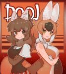  2girls animal_ears bare_shoulders blush bow breasts brown_eyes brown_hair dhole_(kemono_friends) dhole_(kemono_friends)_(old_design) dog_ears dog_girl dog_tail dual_persona duplicate elbow_gloves extra_ears fur_collar gloves highres kemono_friends kemono_friends_3 large_breasts long_hair looking_at_viewer multicolored_hair multiple_girls notora open_mouth orange_hair pixel-perfect_duplicate shirt short_hair short_sleeves skirt sleeveless smile tail two-tone_hair vest white_hair wolf_ears yellow_eyes 