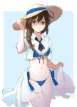  1girl bikini blue_bikini blue_eyes braid breasts brown_hair chagen_kokimu hair_between_eyes hair_flaps hair_ornament hair_ribbon hand_on_headwear hat kantai_collection long_hair looking_at_viewer medium_breasts official_alternate_costume parted_lips red_ribbon ribbon shigure_(kancolle) shigure_kai_san_(kancolle) short_sleeves simple_background single_braid solo straw_hat swimsuit 