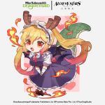  1girl absurdres alchemy_stars artist_request breathing_fire chibi dragon_tail fangs fire hairband heart heart_print highres horns kobayashi-san_chi_no_maidragon long_hair maid official_art slit_pupils tail tohru_(maidragon) very_long_hair 