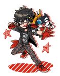  1boy bandana black_hair black_jacket black_shirt blue_eyes cat crown eyelashes fangs full_body gloves grey_eyes headphones headphones_around_neck jacket male_focus morgana_(persona_5) one_eye_closed open_mouth pants persona persona_5 persona_5:_dancing_star_night plaid plaid_pants red_bandana red_footwear red_gloves shirt short_hair standing star_(symbol) undersyaro white_background 