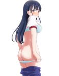  1girl ass black_hair blue_bra boku_no_kokoro_no_yabai_yatsu bra brown_eyes clothes_lift clothes_pull commentary_request commission gym_shirt gym_shorts highres komatsu_(sakanae) long_hair panties panty_pull pixiv_commission shirt shirt_lift shorts shorts_pull simple_background solo underwear undressing white_background yamada_anna 