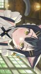  1girl :&lt; animal_ears bell black_hair cat_ears cat_girl cat_tail closed_mouth hair_ornament hairclip hanging_light highres jingle_bell looking_at_viewer maid medium_hair mimimizore_(saba_mizore) original sidelocks sideways solo tail tsukana_(saba_mizore) unconventional_maid window wooden_ceiling yellow_eyes 