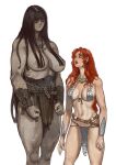  2girls absurdres armor belt bikini_armor black_hair bracer breasts conan_(series) conan_the_barbarian genderswap genderswap_(mtf) hair_over_breasts highres jewelry large_breasts loincloth long_hair looking_at_another medium_breasts mossacannibalis multiple_girls muscular muscular_female navel necklace red_hair red_lips red_sonja scar scar_on_arm scar_on_leg simple_background stomach sweat white_background 