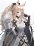  1girl absurdres animal_ear_fluff animal_ears arknights armor black_bow black_gloves blemishine_(arknights) blonde_hair blush bow breastplate brown_eyes cape cowboy_shot double_v extra_ears from_side fur-trimmed_armor fur_trim gauntlets gloves hair_bow high_ponytail highres horse_ears horse_girl horse_tail kingdom_of_kazimierz_logo long_hair looking_at_viewer pauldrons pink_gloves plate_armor ponytail shoulder_armor sidelocks simple_background smile solo sthk tail two-tone_gloves v white_background white_cape 