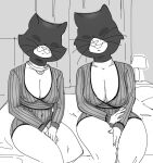  2023 anthro balaclava bed bedroom big_nipples biped bojack_horseman breasts cleavage closed_smile clothed clothed_anthro clothed_female clothing curtains cutie_cutie_cupcake daughter dbaru digital_drawing_(artwork) digital_media_(artwork) domestic_cat duo felid feline felis female fingers front_view furniture gem greyscale hand_on_leg hand_on_own_leg hand_on_own_thigh hand_on_own_wrist hand_on_thigh hand_on_wrist hands_together hi_res humanoid_hands inside jewelry lamp long_whiskers mammal mask mature_anthro mature_female monochrome mother mother_and_child mother_and_daughter mouth_closed necklace netflix nightstand nipple_outline nipples obscured_eyes on_bed parent parent_and_child pendant pillow prick_ears princess_carolyn sitting sitting_on_bed sketch smile smiling_at_viewer thick_thighs unitard whiskers 