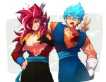  blue_sash blue_wristband dougi dragon_ball dragon_ball_heroes dragon_ball_super earrings gloves gogeta gogeta_(xeno) jewelry long_hair male_focus metamoran_vest monkey_boy monkey_tail multiple_boys ommmyoh potara_earrings red_fur saiyan sash super_full_power_saiyan_4_limit_breaker super_saiyan super_saiyan_4 super_saiyan_blue tail time_patrol_(dragon_ball) 