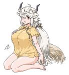  1girl acesrulez alternate_costume barefoot blush bottomless brown_hair collared_shirt frilled_sleeves frills hair_over_one_eye kemono_friends long_hair looking_at_viewer ox_ears ox_girl ox_horns ox_tail shirt short_sleeves sitting solo t-shirt twintails wariza white_hair yak_(kemono_friends) yellow_shirt 