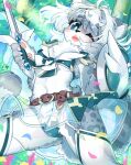  anthro armor bikini_armor blush blush_lines felid female hair mammal melee_weapon pantherine shield snow_leopard solo sword tai_tai_kun unconvincing_armor unya_(tai_tai_kun) weapon white_hair 