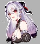  1girl :d bare_shoulders blush breasts commentary detached_sleeves earrings english_commentary fang grey_background grey_hair hair_between_eyes hair_ornament highres honkai_(series) honkai_impact_3rd jewelry large_breasts long_hair looking_at_viewer luna_(honkai_impact) mini2chainz open_mouth red_eyes simple_background skin_fang smile solo theresa_apocalypse theresa_apocalypse_(lunar_vow:_crimson_love) upper_body 