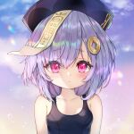 1girl alternate_costume blurry blush cloud cloudy_sky coin_hair_ornament collarbone commentary_request depth_of_field genshin_impact hair_between_eyes hair_ornament hat jiangshi long_hair looking_at_viewer ofuda outdoors portrait purple_eyes purple_hair qing_guanmao qiqi_(genshin_impact) school_swimsuit sidelocks sky sleeveless solo swimsuit twilight yutian_alice 