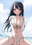  1girl bare_arms bare_shoulders bikini black_hair blush breasts character_request chigusa_minori cleavage closed_mouth collarbone copyright_request day hair_ornament highres large_breasts long_hair looking_at_viewer navel outdoors side-tie_bikini_bottom sitting smile solo swimsuit thighs underboob wariza water wet white_bikini 