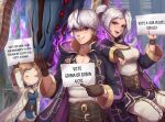  1boy 2girls absurdres breasts brown_gloves brown_hair cleavage evomanaphy fire_emblem fire_emblem_awakening fire_emblem_heroes gloves grey_hair grima_(fire_emblem) grin highres kiran_(female)_(fire_emblem) kiran_(fire_emblem) large_breasts long_hair looking_at_viewer multiple_girls open_mouth parted_lips red_eyes robin_(female)_(fire_emblem) robin_(fire_emblem) short_hair sign sitting smile teeth twintails 