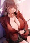  1girl absurdres areola_slip black_skirt braid breasts cleavage collarbone couch fate/grand_order fate_(series) florence_nightingale_(fate) highres jacket large_breasts looking_at_viewer miniskirt no_bra parted_lips pink_hair pleated_skirt red_eyes red_jacket rororo sitting skirt solo 