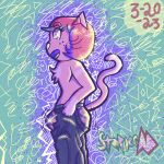  abstract_background andromorph anthro bottomwear bulge butt clothing domestic_cat felid feline felis girly glistening glistening_body glowing green_background hair intersex mammal pants purple_background simple_background solo sparkles sparkling_eyes staplerad trans_(lore) 