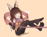  1girl animal_ears black_hair black_pantyhose blunt_bangs daquan_wubai fox_ears gloves hair_ribbon highres looking_at_viewer low_twintails no_shoes original pantyhose ribbon short_hair simple_background twintails yellow_background 