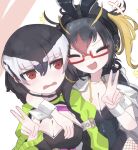  2girls black_hair blonde_hair chinstrap_penguin_(kemono_friends) glasses grey_hair headphones jacket kemono_friends multicolored_hair multiple_girls open_mouth penguin_girl playboy_bunny red_eyes red_hair rockhopper_penguin_(kemono_friends) sarutori simple_background smile v wrist_cuffs 
