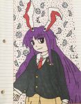  1girl animal_ears blazer crescent_moon finger_gun highres imperishable_night jacket long_hair lunatic_gun marker_(medium) moon necktie non-web_source original polka_dot polka_dot_background purple_hair rabbit_ears rabbit_girl red_necktie reisen_udongein_inaba skirt smug touhou traditional_media 