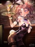  1girl absurdres animal_ears armband armpits bar_(place) bare_shoulders black_bow black_bowtie black_leotard blush bottle bow bowtie breasts brown_hair cocktail collar contrapposto covered_navel cowboy_shot detached_collar dot_nose drinking_straw english_text fake_animal_ears fake_tail fishnets gekota hair_bow hands_up highres holding holding_sign holding_tray indoors leotard light long_hair open_mouth parted_bangs playboy_bunny rabbit_ears rabbit_tail red_bow red_eyes shelf shirai_kuroko sign signature small_breasts smile solo tail teeth thigh_strap toaru_kagaku_no_railgun toaru_majutsu_no_index tray twintails upper_teeth_only wavy_hair white_collar wine_bottle wooden_wall wrist_cuffs yonabe 