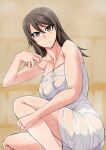  1girl bare_shoulders breasts brown_eyes brown_hair closed_mouth from_side girls_und_panzer hand_on_own_leg large_breasts long_hair looking_at_viewer mika_(girls_und_panzer) naked_towel no_headwear on_one_knee rancyonmat see-through smile solo towel wet wet_towel white_towel 