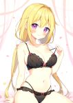  1girl aoi_yun bare_arms bare_shoulders black_bra black_panties blonde_hair blush bow bow_bra bow_panties bra breasts cleavage closed_mouth collarbone commentary_request commission hair_between_eyes hair_bow hair_intakes hand_up highres long_hair looking_at_viewer low_twintails medium_breasts multi-strapped_panties navel original panties petals pulled_by_self purple_eyes sitting skeb_commission skindentation smile solo strap_pull twintails underwear underwear_only very_long_hair white_bow 