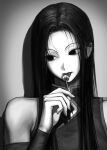  1boy black_eyes black_hair highres holding holding_needle hunter_x_hunter illumi_zoldyck licking long_hair looking_to_the_side male_focus monochrome needle solo u_u9o0 upper_body 