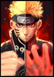  1boy black_headband blonde_hair closed_mouth commentary_request facial_tattoo greenteaa grin hand_up headband looking_at_viewer male_focus naruto naruto_(series) partial_commentary red_eyes short_hair smile solo split_screen tattoo teeth upper_body uzumaki_naruto 