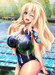  1girl anchor_symbol atago_(kancolle) blonde_hair blue_one-piece_swimsuit blue_sky breasts chain-link_fence cloud commentary_request competition_swimsuit cowboy_shot day fence green_eyes highres kantai_collection large_breasts long_hair looking_at_viewer militia_minpei naughty_face one-piece_swimsuit open_mouth outdoors pool sky smile solo swimsuit translation_request 