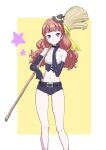  1girl amanogawa_kirara bare_shoulders black_gloves black_shorts broom brown_hair commentary_request elbow_gloves eyelashes gloves go!_princess_precure happy hat highres holding holding_broom long_hair looking_at_viewer matatabi_(karukan222) midriff mini_hat mini_witch_hat navel precure purple_eyes shorts smile solo standing twintails witch witch_hat 