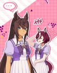  +++ ... 2girls absurdres animal_ears arm_up arms_at_sides blue_eyes bow bowtie breasts brown_hair closed_eyes closed_mouth dark-skinned_female dark_skin expressionless eyepatch habsida_(habsida_hpy) highres horse_ears horse_girl horse_tail long_hair looking_at_viewer multicolored_hair multiple_girls open_mouth outline purple_shirt sailor_collar school_uniform shirt short_hair short_sleeves skirt small_breasts smile spoken_ellipsis streaked_hair symboli_kris_s_(umamusume) tail tanino_gimlet_(umamusume) tracen_school_uniform umamusume white_outline white_skirt 