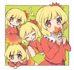  1girl aki_shizuha blonde_hair buttons closed_eyes closed_mouth collared_shirt highres holding holding_leaf leaf leaf_on_head maple_leaf multiple_views open_mouth ramudia_(lamyun) red_shirt red_skirt shirt short_hair skirt smile touhou yellow_eyes 