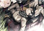  1boy :d absurdres arm_up black_hair buttons cake card checkered_clothes checkered_scarf danganronpa_(series) danganronpa_v3:_killing_harmony food fork fruit grey_pants hair_between_eyes highres holding holding_fork long_sleeves looking_at_viewer looking_up male_focus medium_hair oma_kokichi open_mouth pants playing_card purple_eyes ribbon scarf shoes sitting smile solo strawberry table teeth wa_noko 