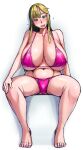  1girl areola_slip barefoot bikini blonde_hair blue_eyes breasts female_pubic_hair full_body hand_on_own_knee highres huge_breasts long_hair looking_at_viewer mature_female open_mouth original pink_bikini pubic_hair pubic_hair_peek sitting solo spread_legs sweat swimsuit tsuda_nanafushi 