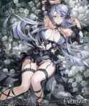  1girl armpits arms_up bare_shoulders black_skirt blue_eyes blue_hair blush breasts character_request cleavage commentary_request copyright_name evertale flower grey_hair highres large_breasts long_hair looking_at_viewer lying multicolored_hair official_art on_back parted_lips sage_joh skirt solo streaked_hair thigh_strap thighs 