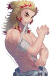  1boy abs bandaged_arm bandages blonde_hair forked_eyebrows highres kimetsu_no_yaiba male_focus multicolored_hair muscular muscular_male red_hair remsor076 rengoku_kyoujurou solo teeth topless_male twitter_username yellow_eyes 