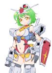  1girl 30_minutes_sisters absurdres ag_00000 arm_shield bandai blush boots breasts clothing_cutout company_connection gloves green_hair grey_gloves gundam highres humanization mecha_musume medium_breasts midriff mobile_suit_gundam navel orange_eyes rx-78-2 short_hair smile solo stomach_cutout thigh_boots thrusters v-fin 