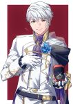  1boy ameno_(a_meno0) ascot belt black_belt blue_flower blue_rose blush box brown_eyes closed_mouth commentary_request fire_emblem fire_emblem_awakening fire_emblem_heroes flower flying_sweatdrops formal groom hand_on_own_chest holding holding_box jacket jewelry long_sleeves looking_at_viewer male_focus official_alternate_costume purple_ascot ring ring_box robin_(fire_emblem) robin_(male)_(fire_emblem) robin_(male)_(groom)_(fire_emblem) rose see-through shirt short_hair smile solo suit wedding_ring white_hair white_jacket white_shirt white_suit 
