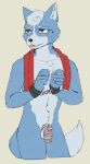 anthro blue_body blue_fur canid canine chastity_cage chastity_device cuff_(restraint) fox fur handcuffs hi_res male mammal marcus_mccloud metal_cuffs nintendo restraints solo solo_focus star_fox wolfamiibo worried 