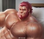  1boy 6suan abs alternate_body_hair bara beard chest_hair come_hither cropped facial_hair fate/zero fate_(series) from_side iskandar_(fate) large_pectorals looking_at_viewer male_focus mature_male muscular muscular_male navel navel_hair no_nipples nude pectorals red_eyes seductive_smile short_hair smile solo stomach thick_eyebrows upper_body wrinkled_skin 