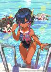  3girls afloat aogiri_shinobu black_hair braid closed_mouth collarbone commentary_request copyright_name dark_skin duel_masters godai_doora goggles goggles_around_neck hair_ornament holding holding_innertube holding_ladder innertube long_hair looking_at_viewer multicolored_clothes multicolored_hair multicolored_swimsuit multiple_girls official_art one-piece_swimsuit open_mouth pink_hair pool pool_ladder purple_eyes red_hair saitou_naoki short_hair smile sukune_maron swimming swimsuit thigh_gap twin_braids white_hair yellow_eyes 